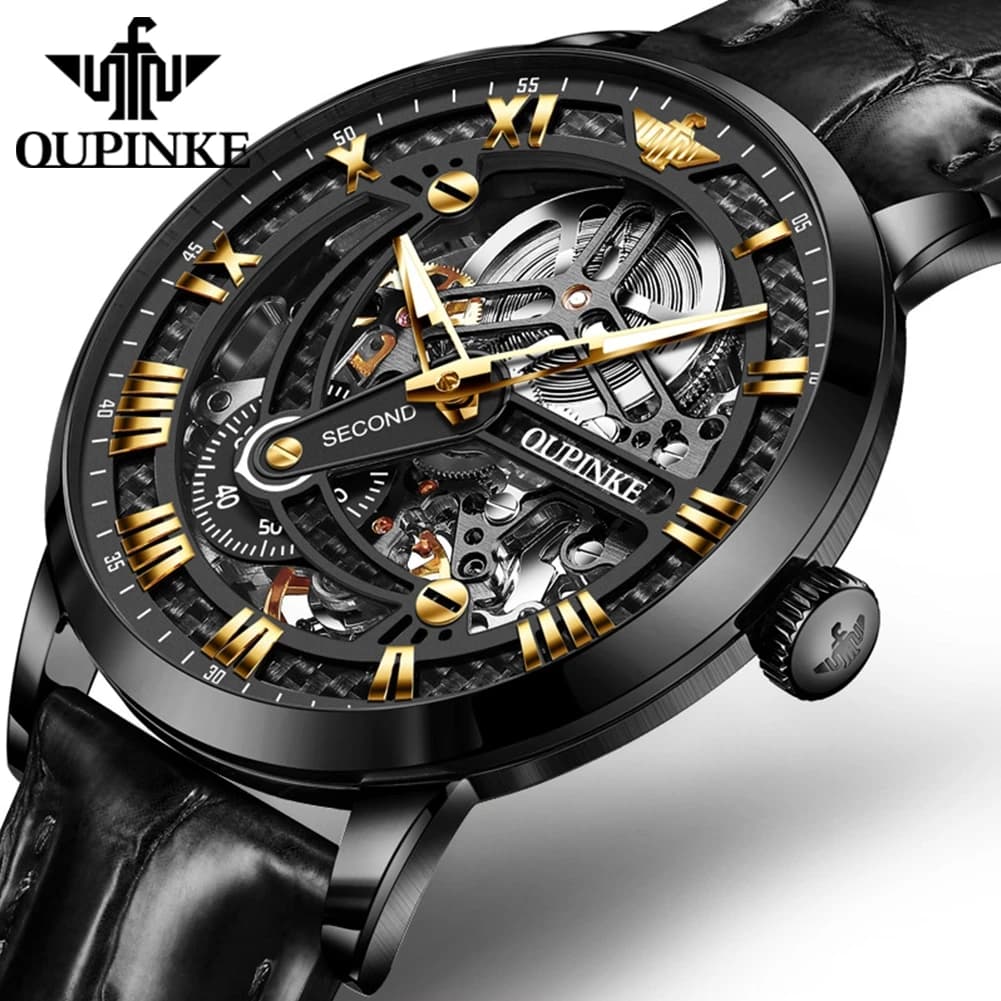 OUPINKE 3173 cinturino in pelle originale orologio da polso meccanico cavo automatico per uomo cronografo orologi da uomo di lusso delle migliori marche