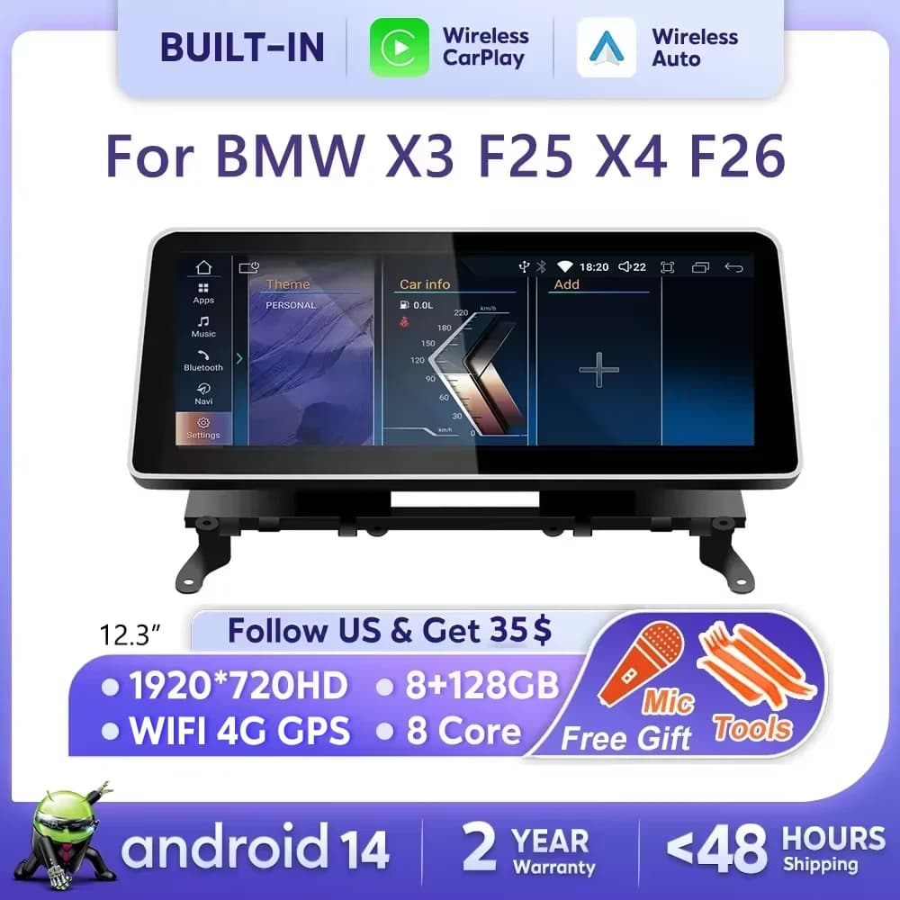 12.3 pollici Autoradio Carplay Per BMW X3 F25 X4 F26 2010-2018 Android 14 Auto Multimediale Monitor Accessori Auto di Navigazione