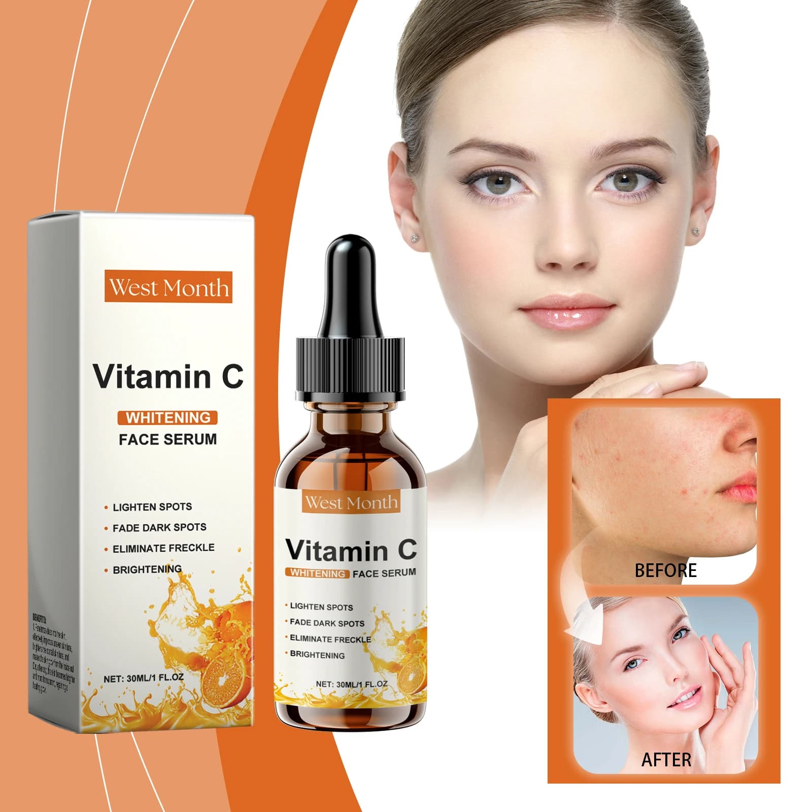 Serum Viso alla Vitamina C West Month, Hydratante, Illuminante, Levigante, Essence for Skin Care, Gift for Acne Treatment and Scure Macchies