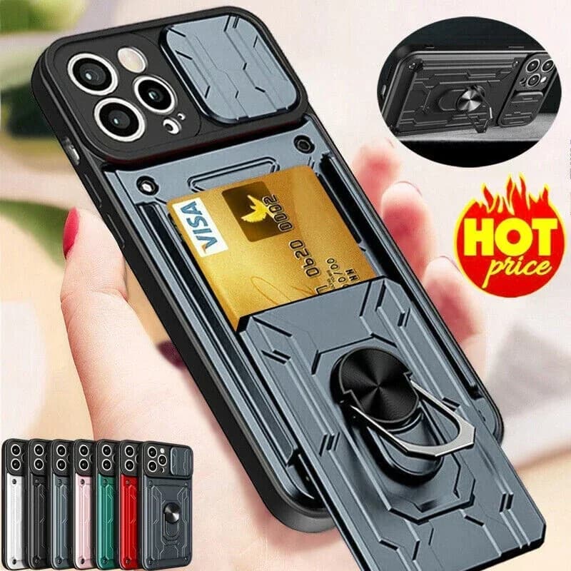 Custodia per iPhone 17 16 15 14 13 12 11 Pro Max XR XS Plus SE Slot per scheda fotocamera scorrevole Anello di grado militare 360 Cover posteriore magnetica
