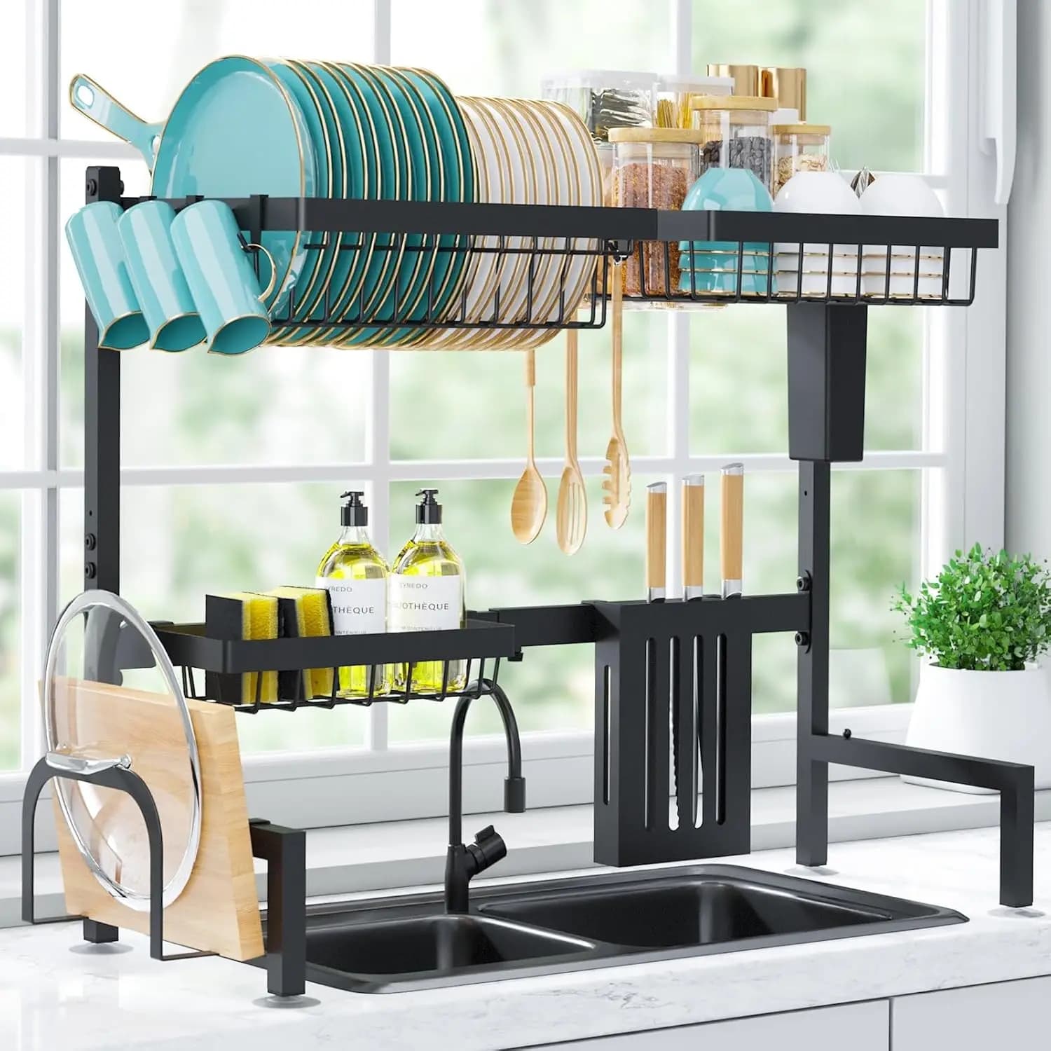 Adjustable Over Sink Dish Drying Rack 2 Tier Stainless Steel Kitchen Storage Organizer Large Capacity Dish Drainer Shelf Plate Bowl Holder with Cutlery Utensil Stand Space Saver Black 30-33.9 Inch