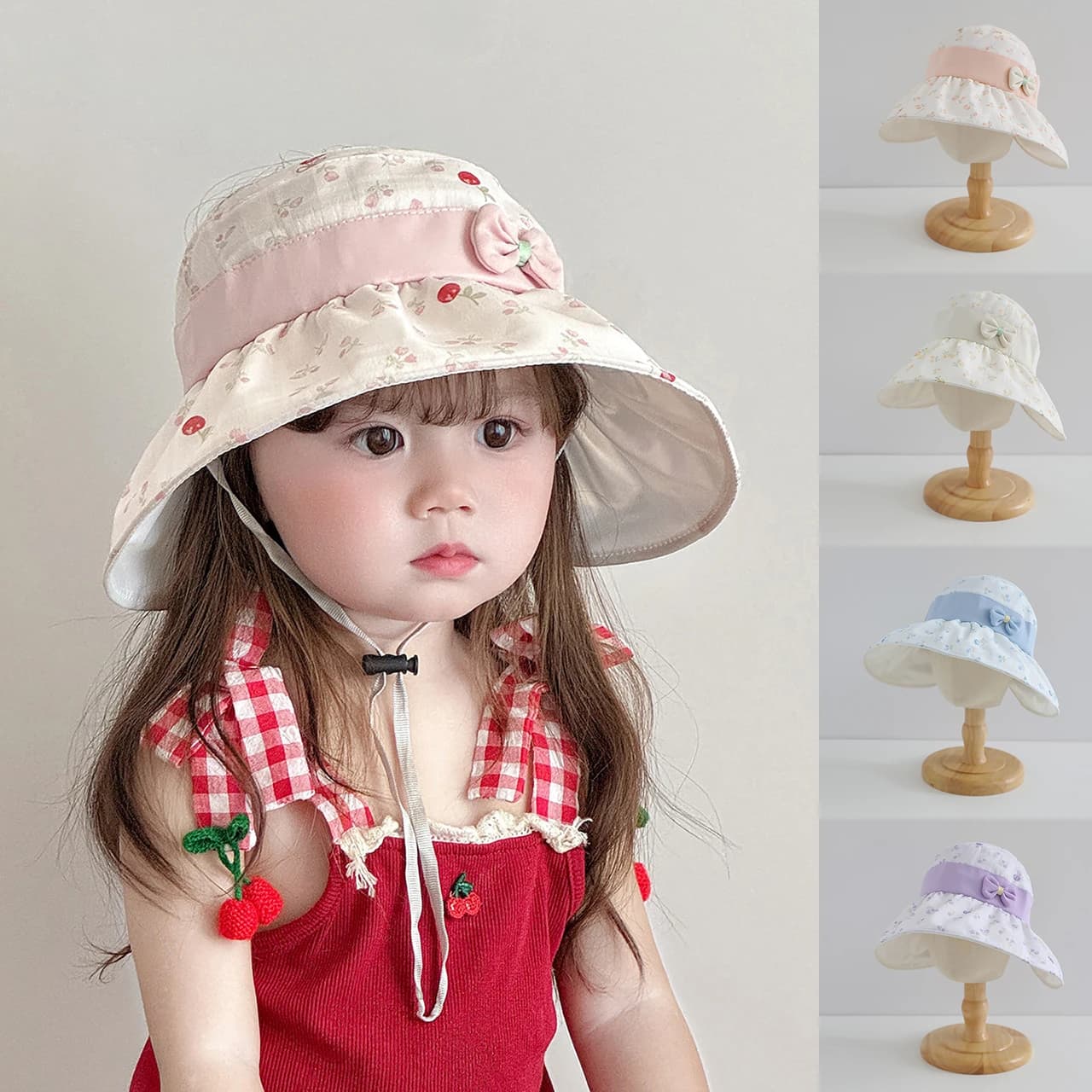 Cappello da Sole Pieghevole per Bambine con Tesa Larga, Protezione UV, Cappello Estivo a Tesa Aperta Stile Pescatore, Cappellini Parasole con Fiocco Floreale per Bambini 1-6 Anni