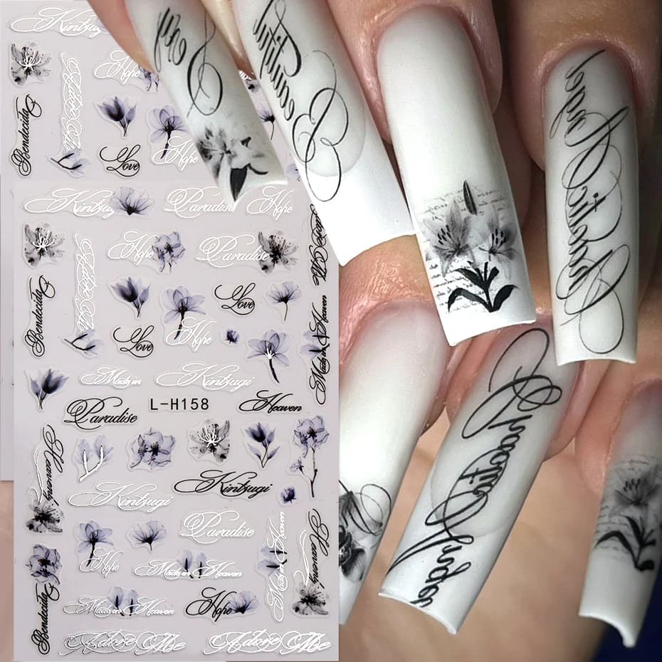 Ink Floral With English Script Ltalic Letter Nail Art Stickers Elegant Flower Nail Decal Self-Adhesive Sliders DIY Nail Supplies