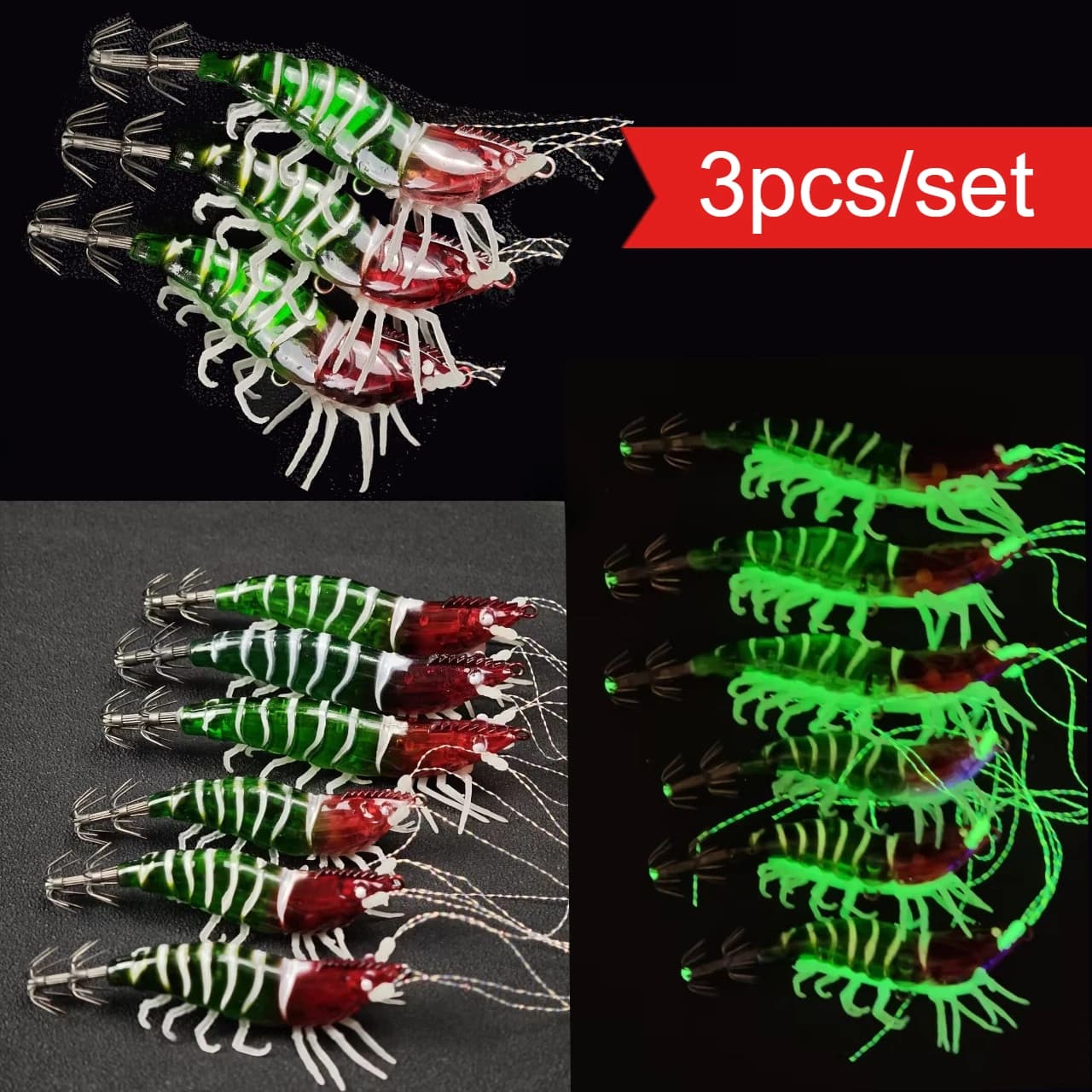 Set di 3 Esche Orizzontali per Calamari Egi, Esche Artificiali a Forma di Gambero con Gambe Morbide 3D Realistiche e Amo Affilato per Pesca in Mare