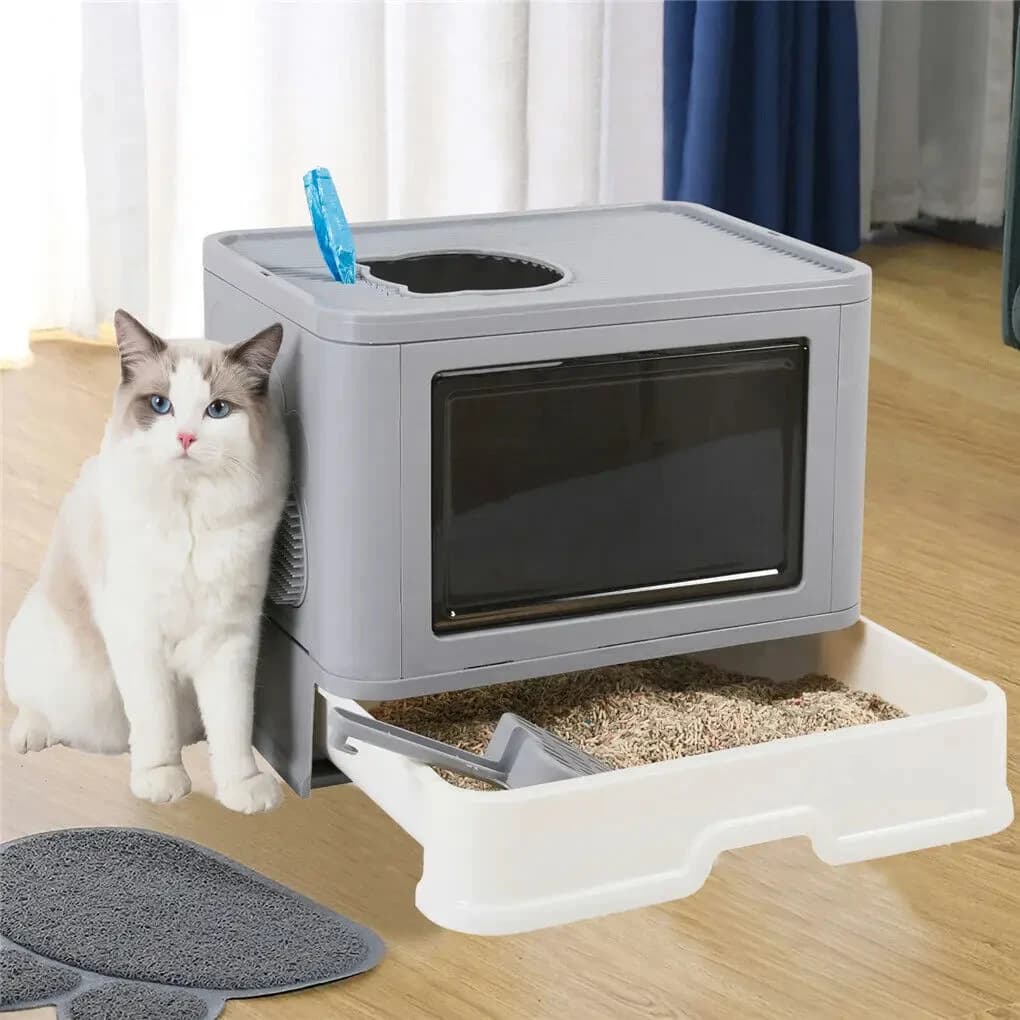 Lettiera pieghevole per gatti Scatole per toilette con ingresso anteriore e uscita superiore con lettiera per massaggiatore Toilette pieghevole chiusa per gattini