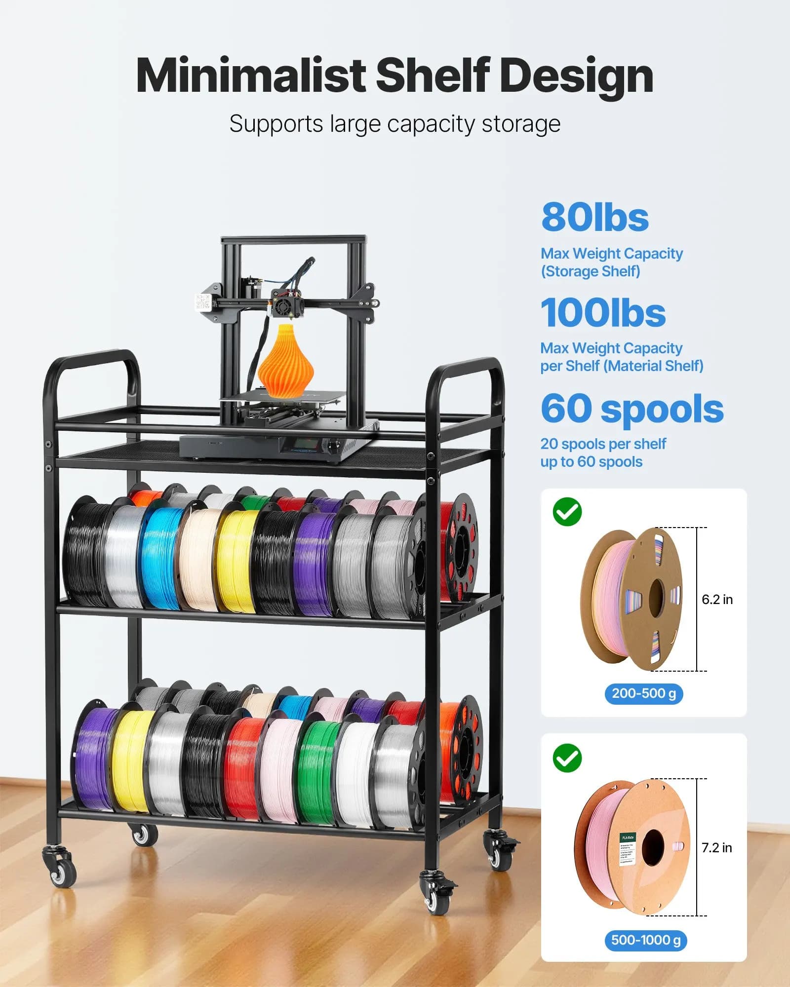Scaffale porta filamenti per stampante 3D, scaffale di stoccaggio a 3 livelli per carichi pesanti, porta bobine di filamenti con ruote, filamenti organizzati per stazione di stampa 3D, ufficio, officina (solo scaffale)