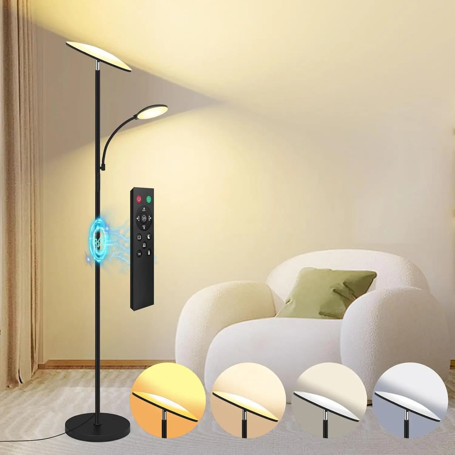 Lampada da Terra LED 42W 4500LM Aggiornata 2025 con Luce di Lettura Orientabile, Controllo Remoto Touch e Funzione Memoria