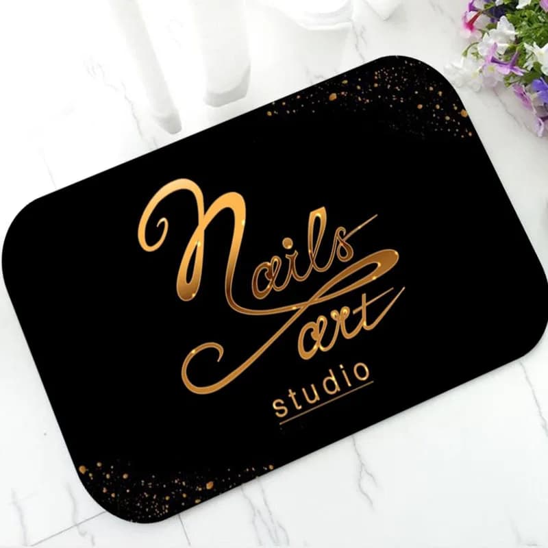 Tappeto d'ingresso alla moda per studio di nail art, nero e oro, con brillantini glamour, per salone di bellezza, tappeto decorativo per ingresso