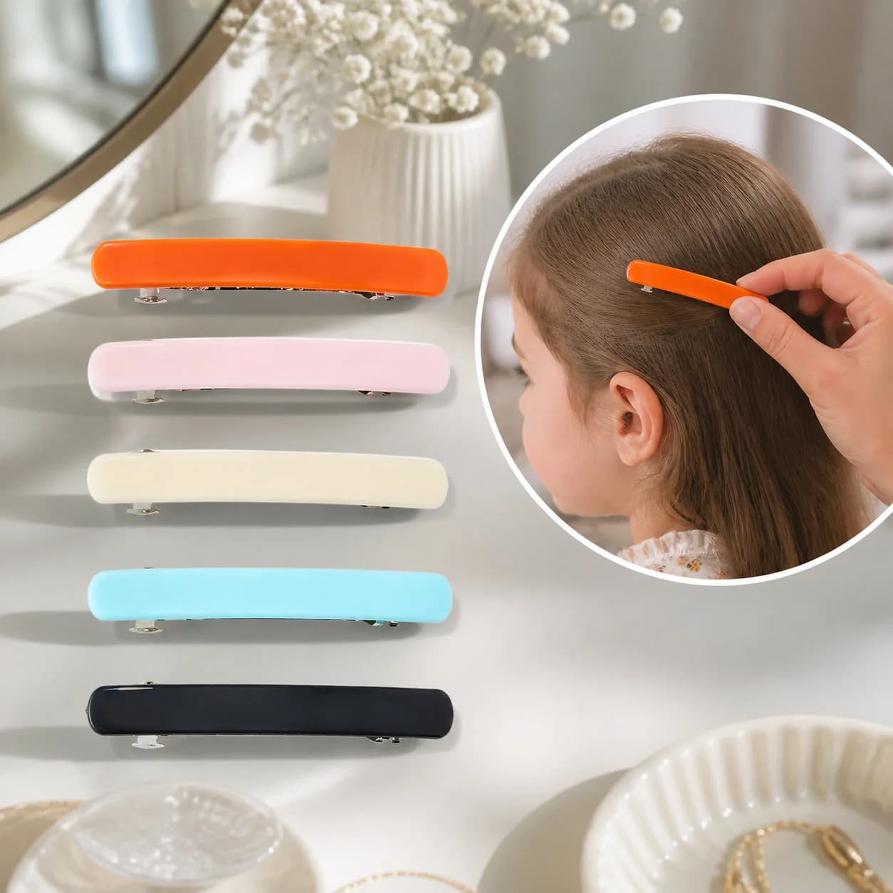 Glossy Hair Barrettes 5pcs, Colorful Snap Clips For Girls, Smooth Finish Styling Accessories For Daily Wear