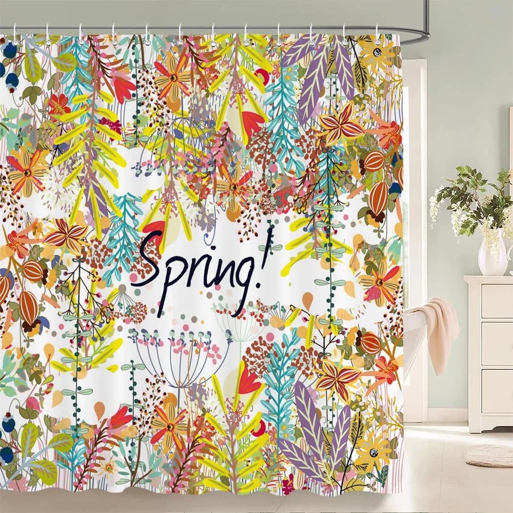 Tenda da doccia con motivo fiori e piante primaverili da 1 pezzo, tenda da bagno in tessuto impermeabile lavabile in lavatrice per l'arredamento della vasca da bagno