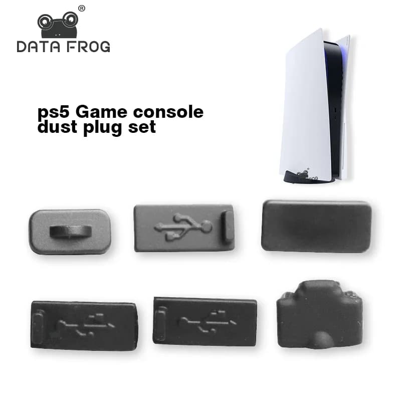 DATA FROG Set di 6 tappi antipolvere in silicone nero per console di gioco PS5 Coperchio interfaccia USB Spina antipolvere per accessori PS5