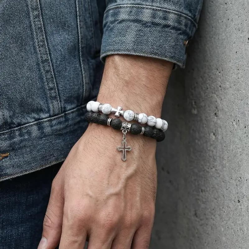 Set di Bracciali da Uomo con Croce e Perline, Regolabili, in Pietra Naturale, Accessori per Feste e Anniversari