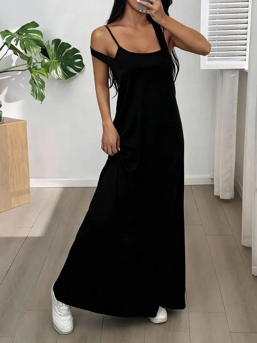 Black Asymmetrical Neck Sleeveless Casual Maxi Dress With Built-In Bra
