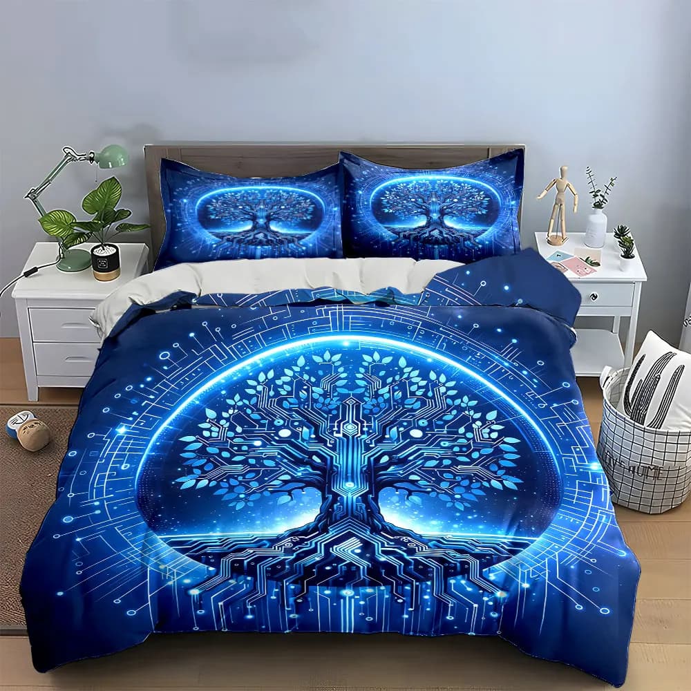 Set di biancheria da letto con copripiumino morbido e confortevole, motivo artistico a circuiti digitali, include 1 copripiumino e 2 federe, idea regalo
