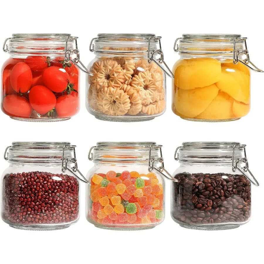 Contenitori in vetro ermetici da 25 once con coperchi, set di 6, contenitori quadrati per alimenti con coperchi a morsetto per conserve di cereali da cucina C