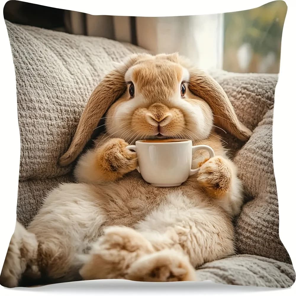 1pc Coffee Drinking Lop-Eared Bunny Print Throw Pillow Cover,Suitable for Sofa,Bedroom,Living Room,A Healing Gift for Pet Lovers