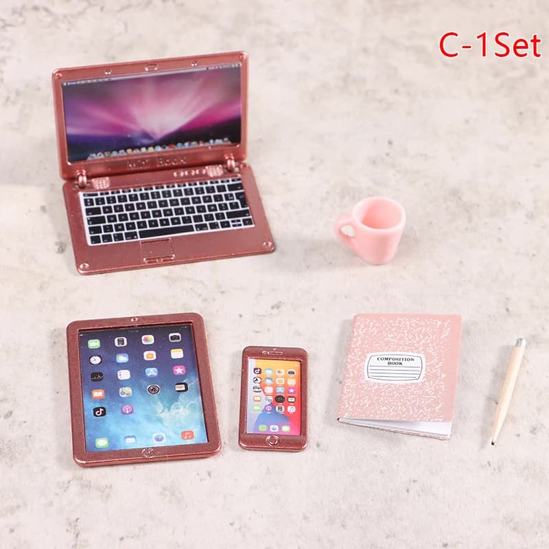 6/7 pcs/set 1:12 miniature doll house phone laptop Tablet table lamp pencil book cup model home learning dolls Dewk scene Decor