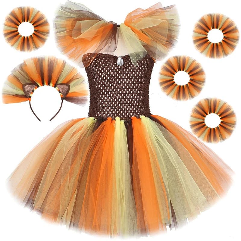Wild Jungle Animal Lion Design Kids Tulle Dress Soft Airy Mesh Tutu Skirt Elegant Princess Costume for Stage Show and Holiday