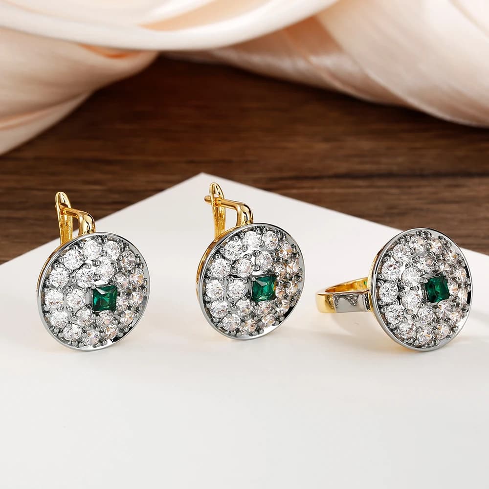 Round Inlay Synthetic Zircon Double Color suit Earrings Ring Copper Plated 14K Gold Luxury Fashion Holiday Party Women Jewelry