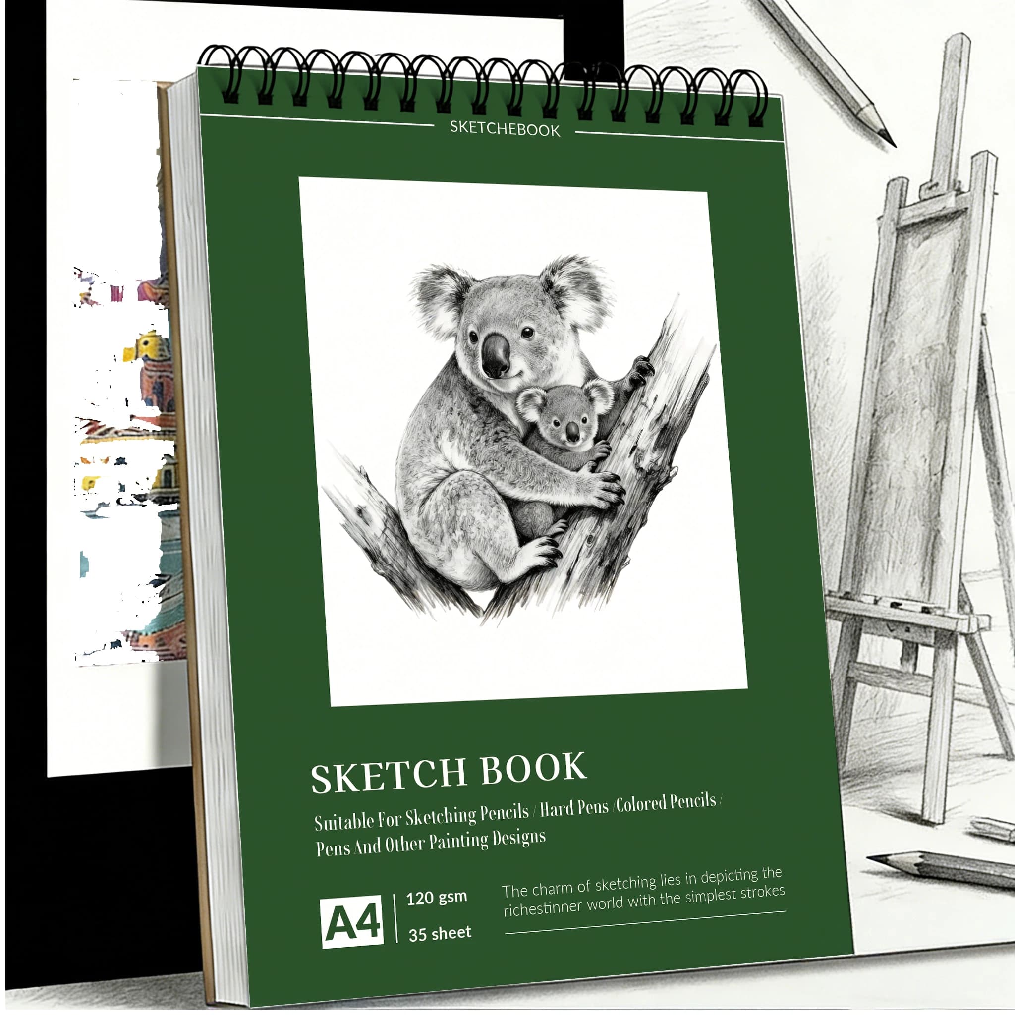 A4 Spiral Sketchbook with Koala & Cub Sketch Art Cover, 120 GSM Thick Paper, 35 Sheets, Multi-Media Art Pad for Adults – Ideal f