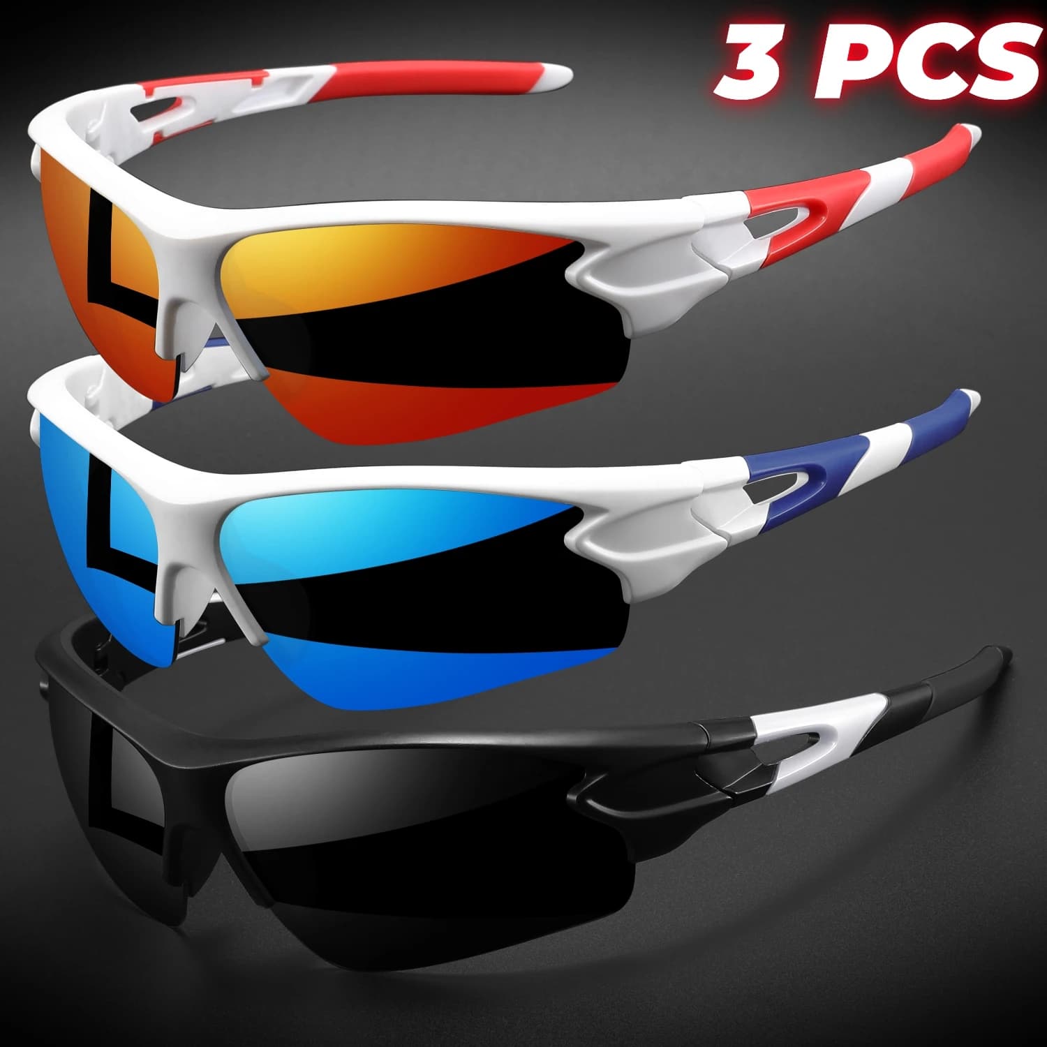 3 pezzi nuovi occhiali da sole sportivi avvolgenti semi-senza montatura leggeri per ciclismo escursionismo quotidiano unisex UV400 antiappannamento occhiali da esterno