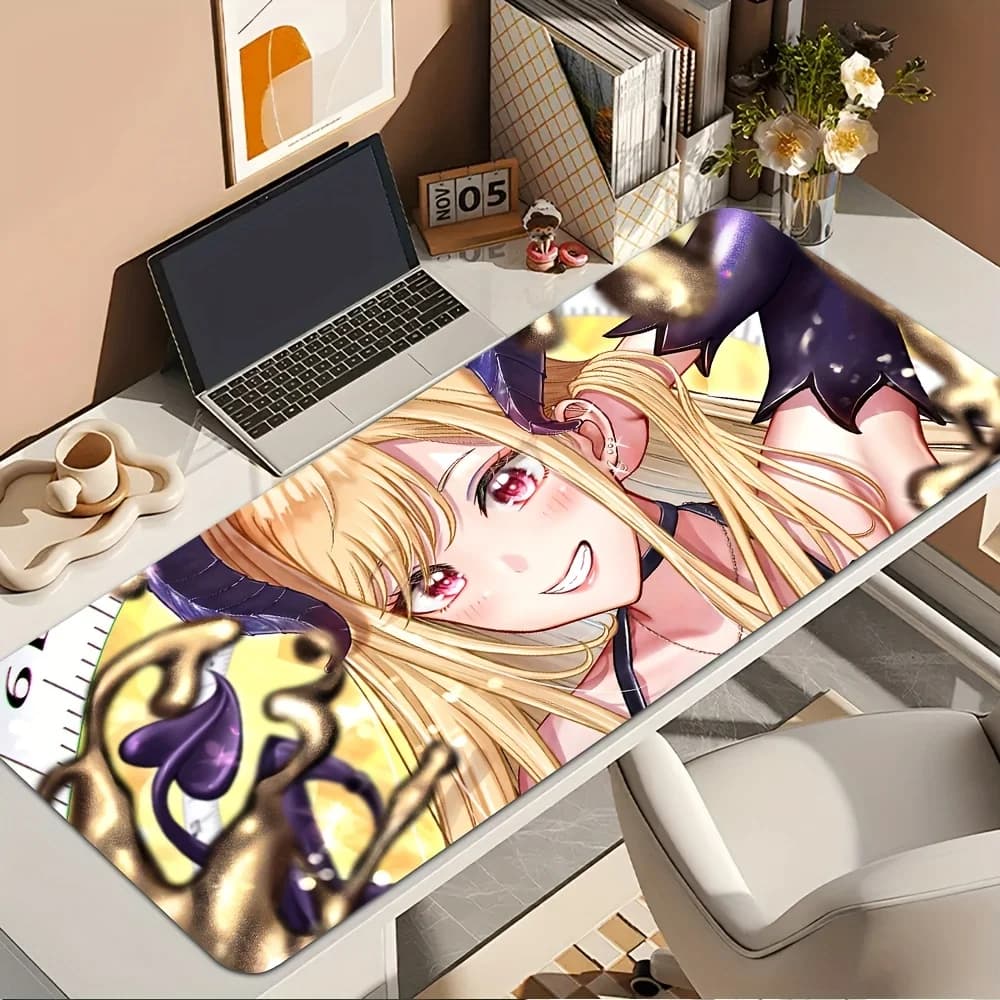 Tappetino per mouse XXL Anime Girl, tappetino da scrivania con capelli biondi dorati e occhi a cuore, tappetino per tastiera da gioco antiscivolo, elegante e alla moda, per PC