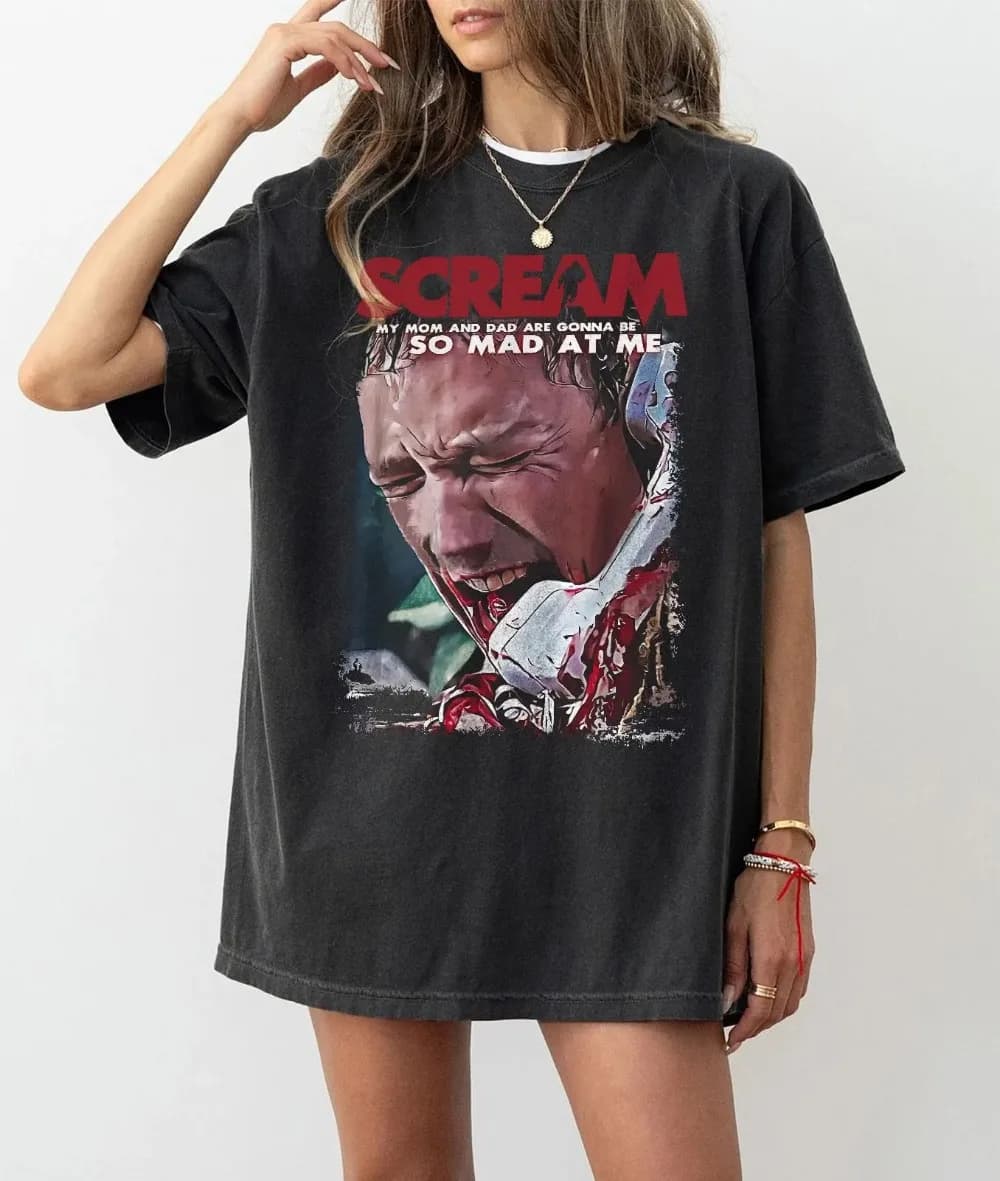 Vintage Wash Stu Macher T Shirt Scream Horror Matthew Lillard Retro Bootleg Rap Camicia Film Vintage anni '90 Bootleg Grafica classica