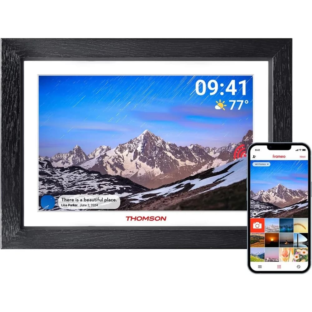 Cornice Fotografica Digitale WiFi 32GB HD IPS Touch con Rotazione Automatica, Presentazione di Diapositive, Condivisione da Telefono, Design in Legno da 10.1 Pollici