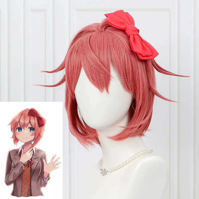 Doki Doki letteratura Club Sayori parrucca Cosplay donna rosa parrucche sintetiche resistenti al calore corte + cappuccio parrucca + fiocco tornante