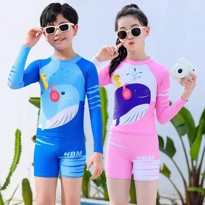 Children's swimsuit, flat corner swimsuits with long sleeve solar protection for babies and girls with bath cap 2 pieces beach clothing for children