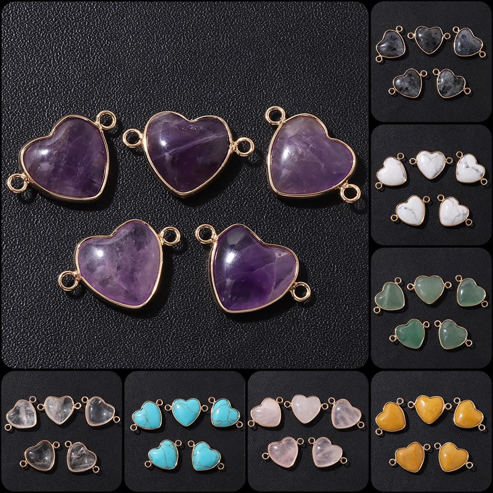 Connettore in pietra naturale a forma di cuore 15X16mm Ametista Labradorite Dalmazione Giada Ciondolo a due fori per creazione di gioielli Bracciale fai da te