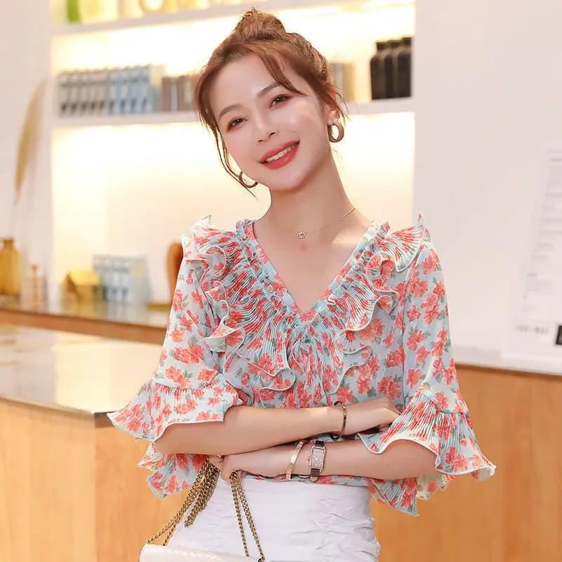 Camicetta in chiffon floreale alla moda da donna dolce top a maniche corte elegante dimagrante