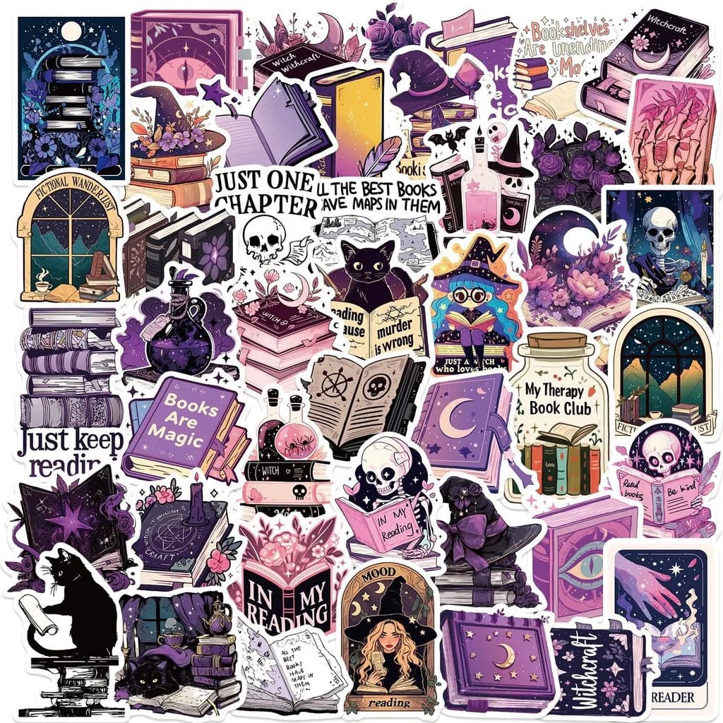 50 Pezzi Adesivi Graffiti Viola a Tema Libri e Stile Strega per Bicicletta, Diario, Astuccio, Negozio di Storie