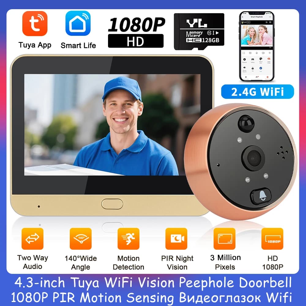4.3 pollici Smart Life Tuya Wifi campanello spioncino telecamera 1080P PIR visione notturna rilevamento del movimento telecamera digitale per porta 140 ° Angolo
