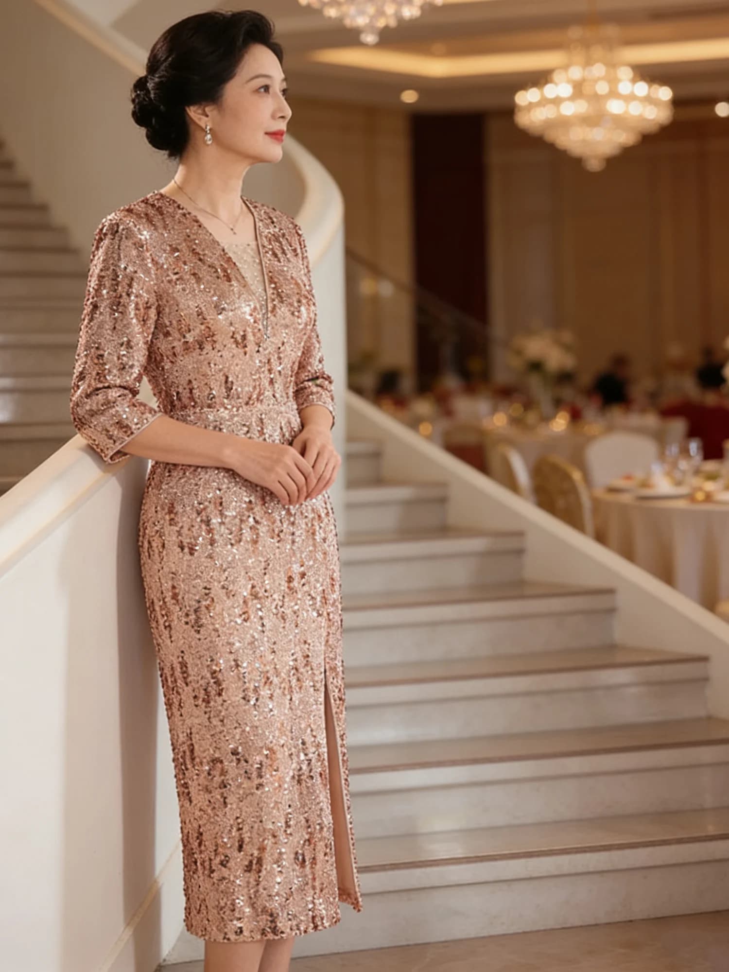 Elegante Abito da Sposa Unico con Paillettes Lucide, Vestito da Donna a Maniche Lunghe, Gonna Midi, Abito da Cerimonia per Madri della Sposa
