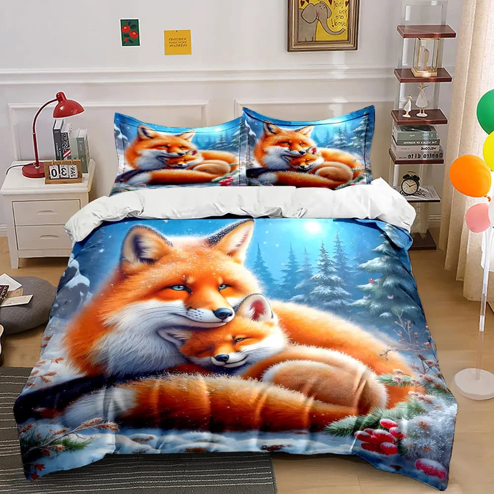 Set copripiumino stampato con motivo famiglia di volpi in abbraccio invernale, 1 copripiumino + 2 federe, diverse misure, decorazione per camera da letto, regali di lusso