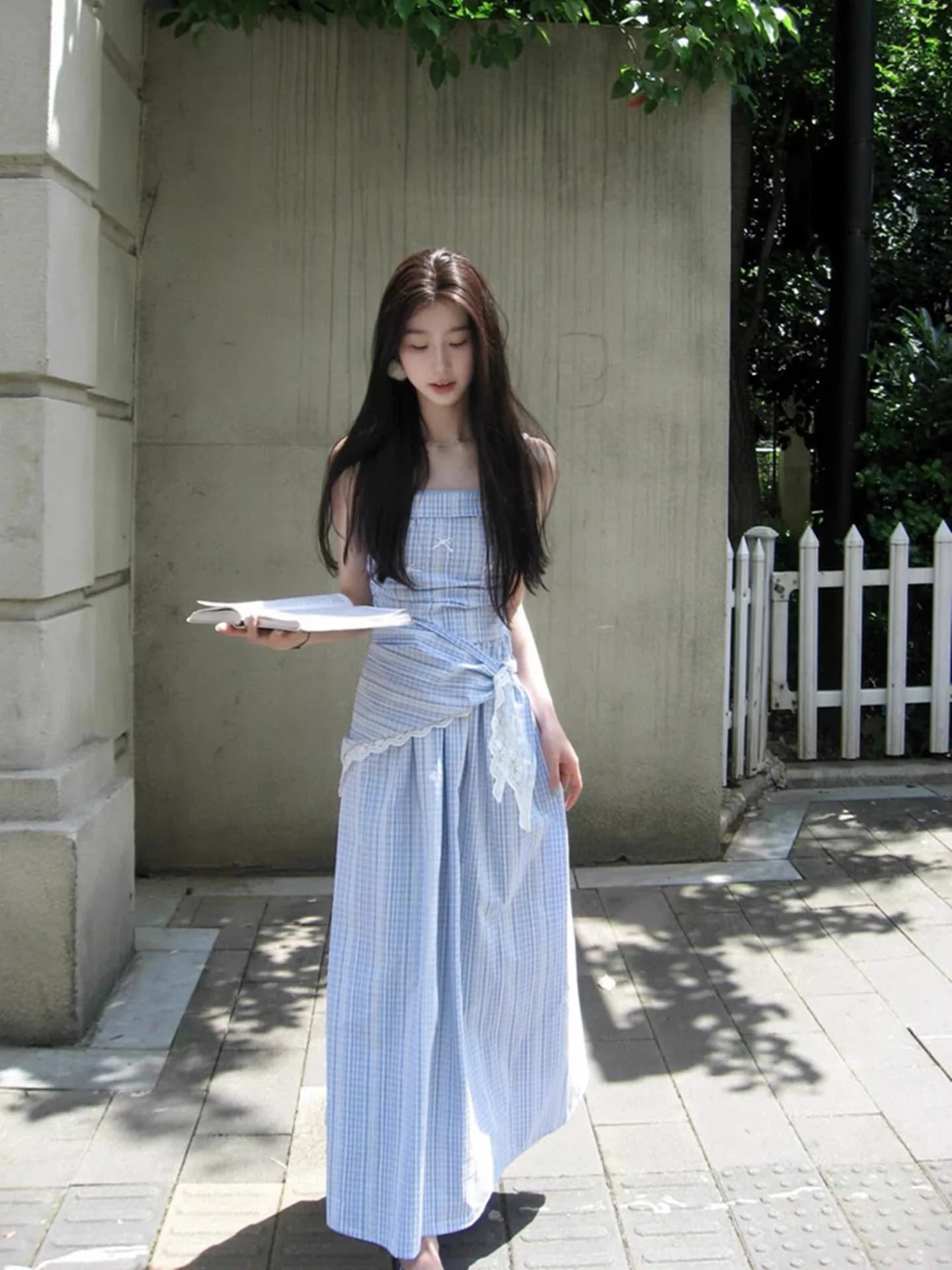 Blue One-Shoulder Gown Women's Summer Gentle Style Tube Top Long Dress Small Size Sweet Plaid Skirt Holiday Mood Kn...