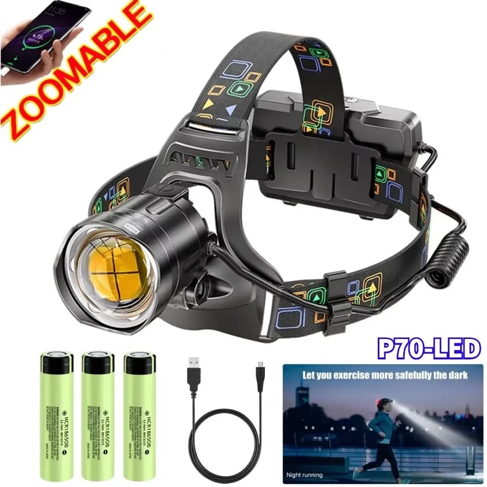 Lampada frontale a LED XHP90 super luminosa Lampada frontale impermeabile ricaricabile USB zoomabile a lungo raggio per la pesca da caccia in campeggio all'aperto