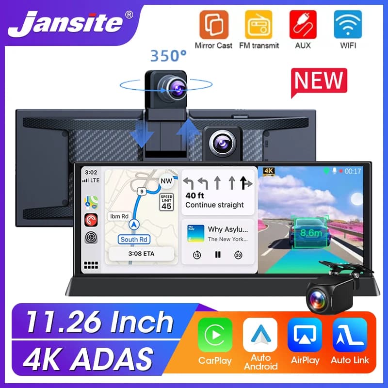 11.26 pollici 4K ADAS DVR Wireless CarPlay Android Auto Dash Cam Bluetooth Audio Navigazione GPS Cruscotto Videoregistratore a doppia lente