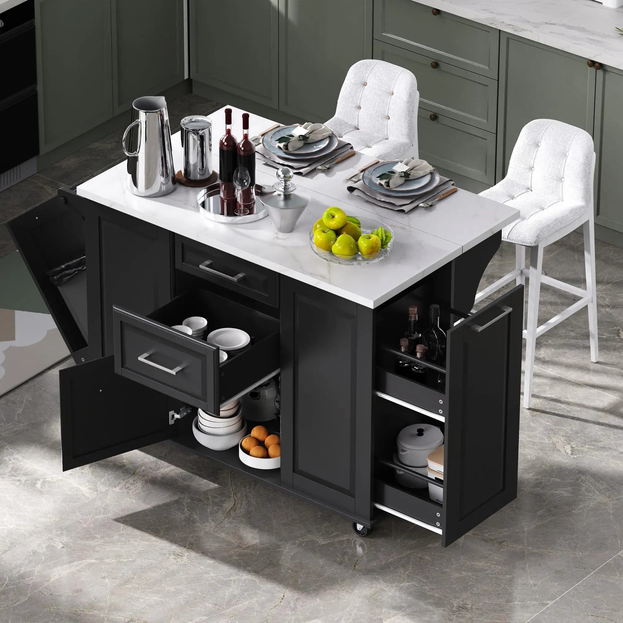 50.7 Inch Black Kitchen Island With Storage, Tilt Trash Can, Pull Out Cabinet, 2 Drawers, 1 Door, Drop Leaf, Rolling On Wheels
