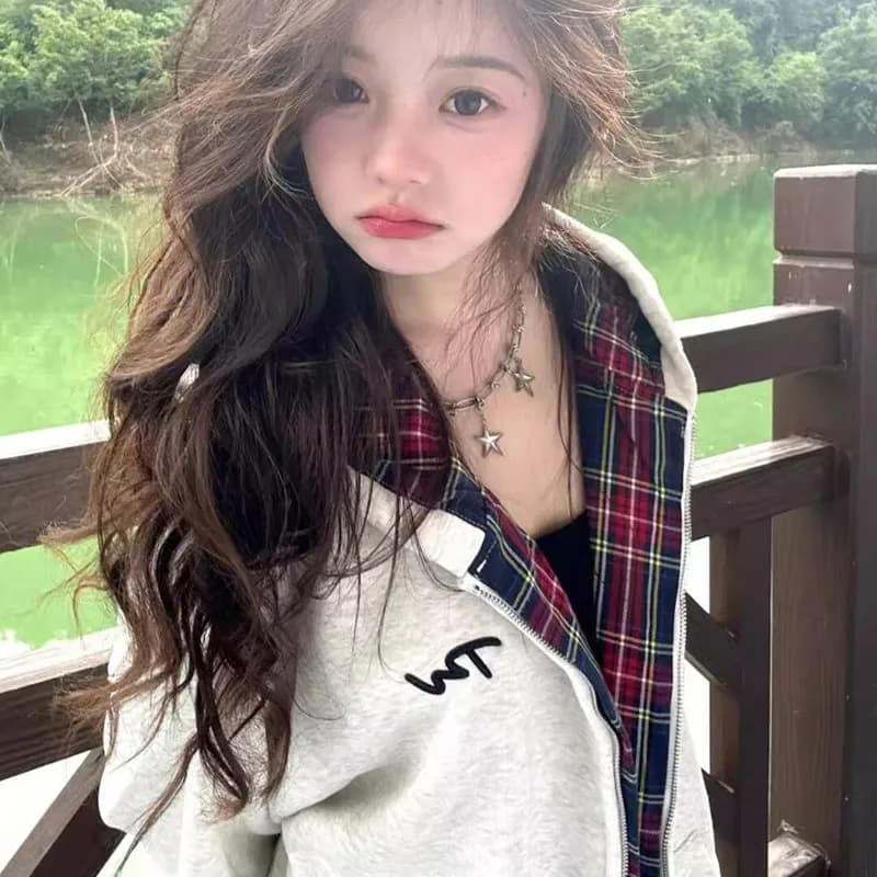 American Retro Plaid Hoodie Women's Spring Autumn Thin Loose Lazy Style Open Cardigan Top Sweet Style Loose Fit Long Sleeve