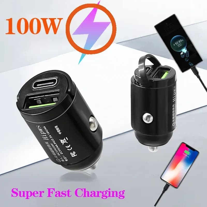 Caricabatterie Auto Invisibile Mini 100W 5A con 2 Porte, Ricarica Rapida PD/QC, Caricatore per Accendisigari Auto con Ricarica Flash