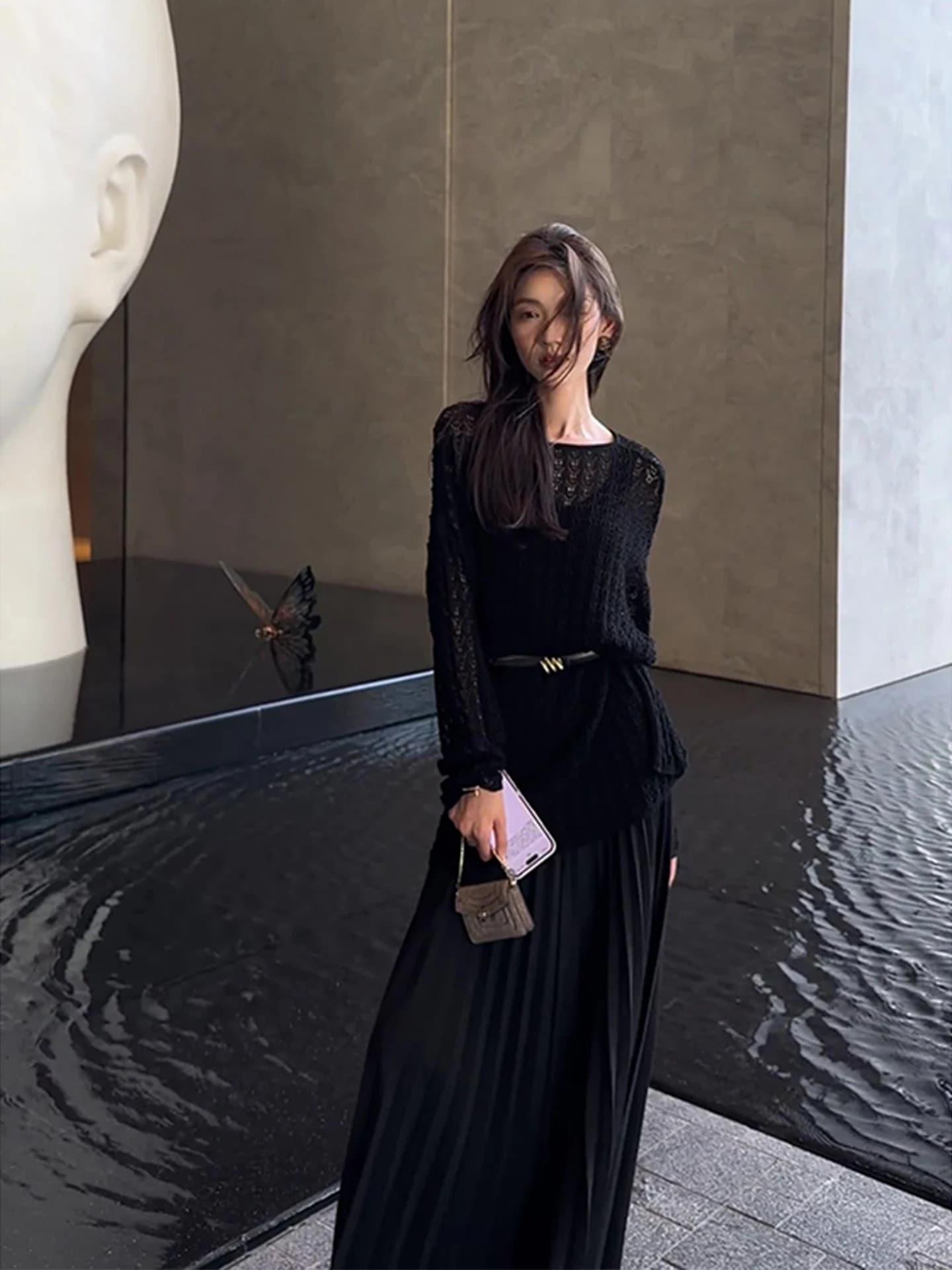 Bla Hollow out Oversize Women's Faion Set Spring Casual High Waist Pleated Skirt Long Sve round Ne Knitted Top