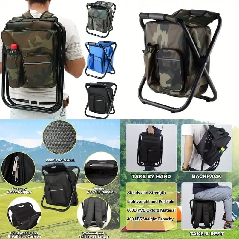 2-in-1 Portable Folding Fishing Backpack Chair Lightweight Durable with Multiple Compartments Ergonomic Straps for Camping