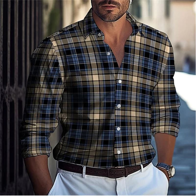 Camicia abbottonata con risvolto da uomo nuova camicia a maniche lunghe da spiaggia con Design Casual estivo comoda maglietta da uomo a blocchi di colore Checkere