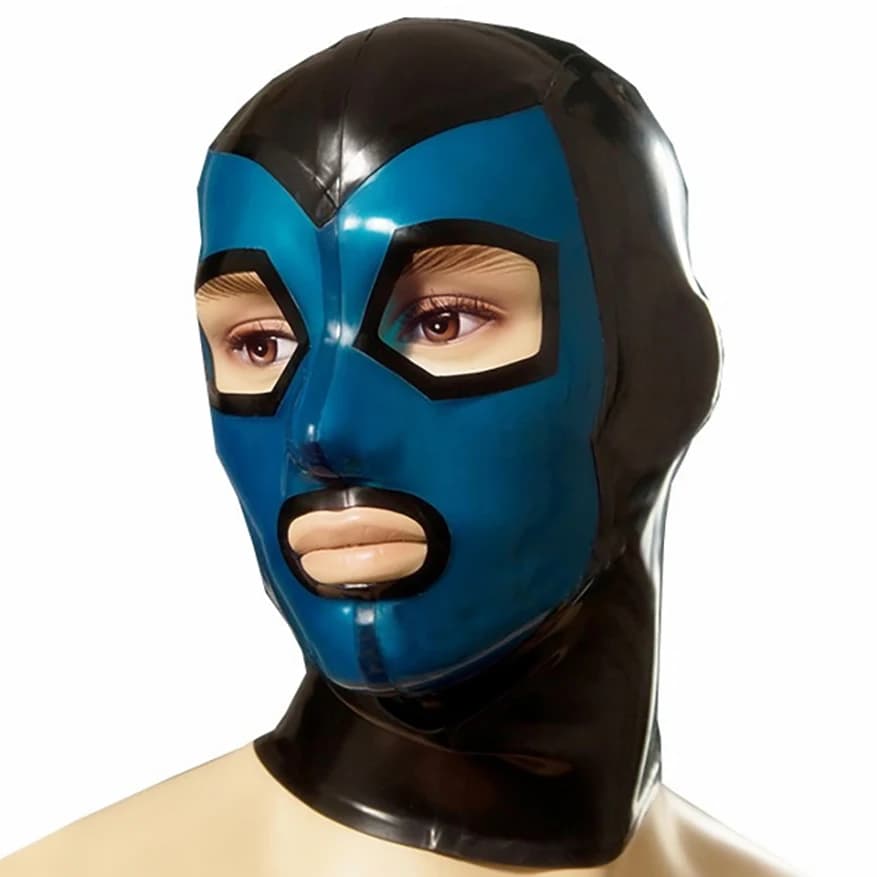 Maschera da uomo in lattice di gomma naturale sexy Cappuccio cosplay Copricapo fatto a mano con viso nero e blu trasparente RLM087