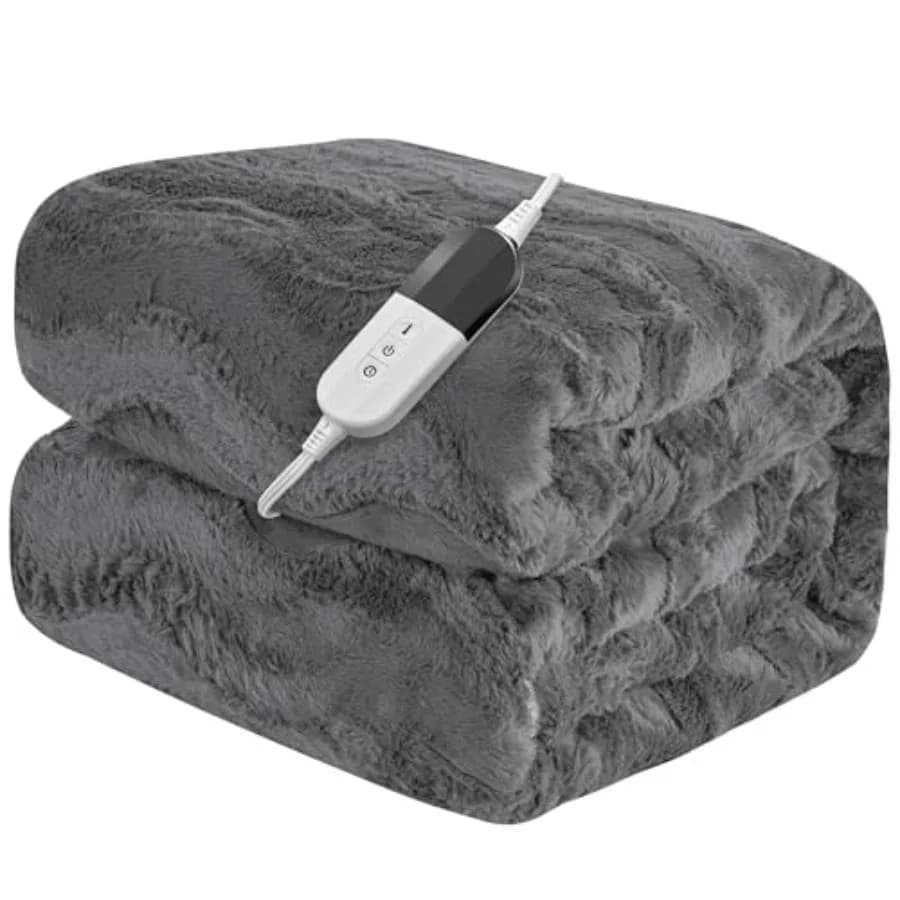 Coperta Elettrica Riscaldata Misura Singola, Morbida e Calda in Finta Pelliccia di Coniglio, con 6 Livelli di Riscaldamento e Spegnimento Automatico Dopo 10 Ore, Riscaldamento Rapido