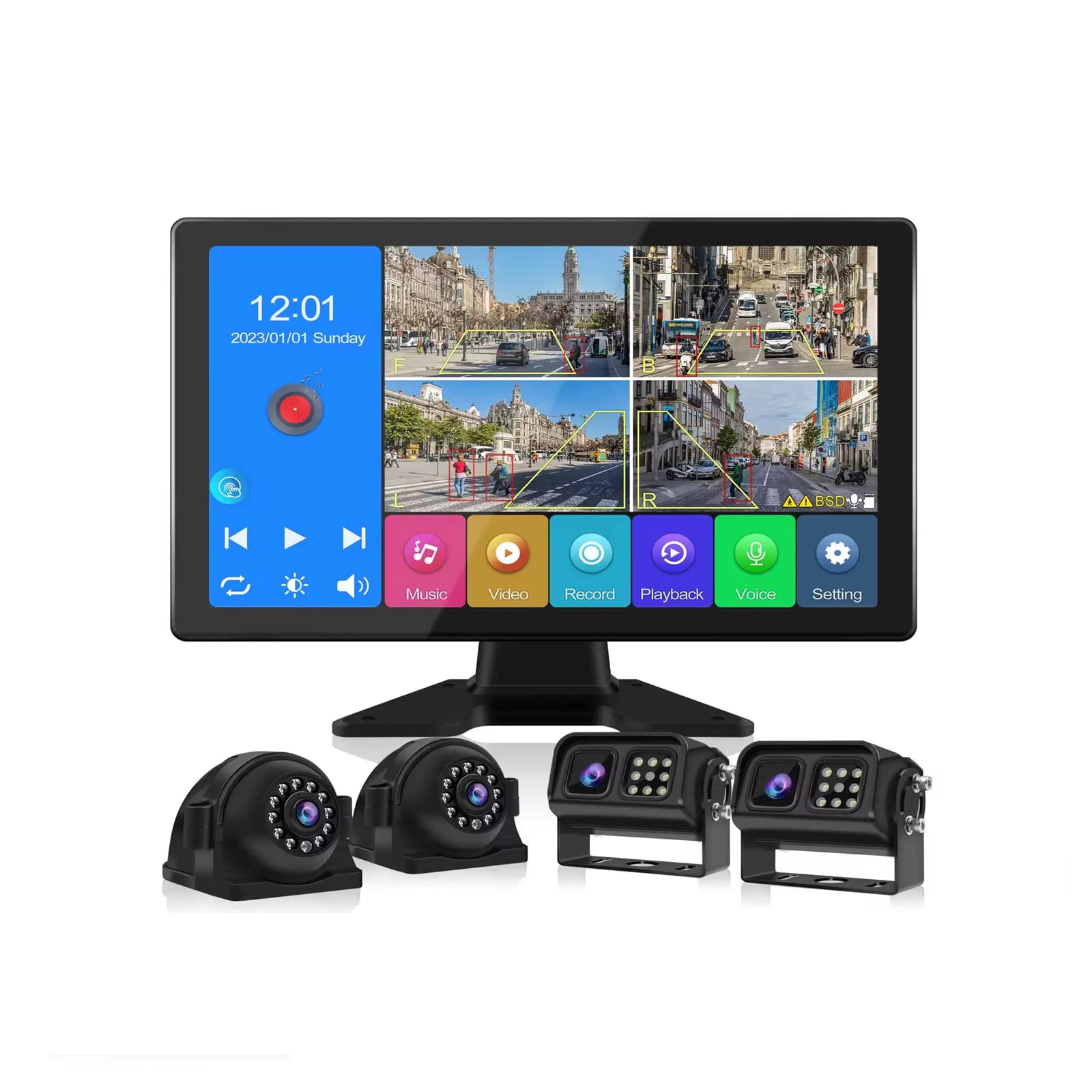 Dash Cam con Schermo Touch da 10,36 Pollici, Angolo Ampio, BSD, Assistenza alla Retromarcia, 4 Telecamere, Impermeabile, Registratore Video con Visione Notturna per Veicoli