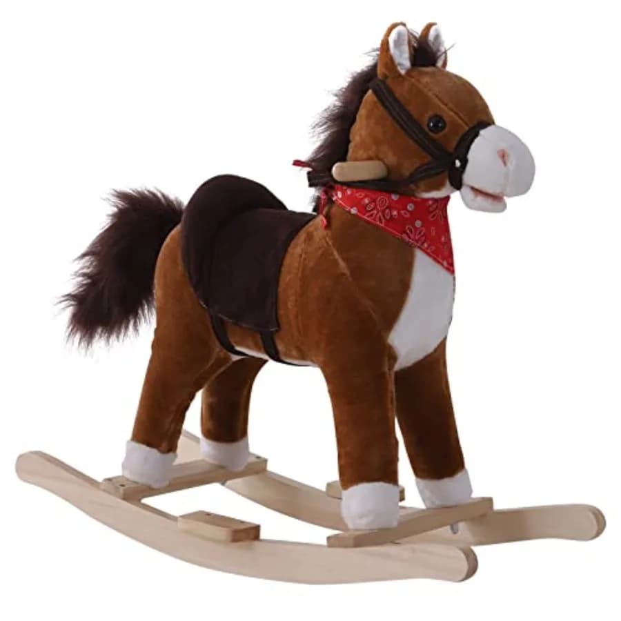 Ride on Rocking Horse Plush Toy with Realistic Sounds and Red Scarf for Over 3 Years Old Birth Gift