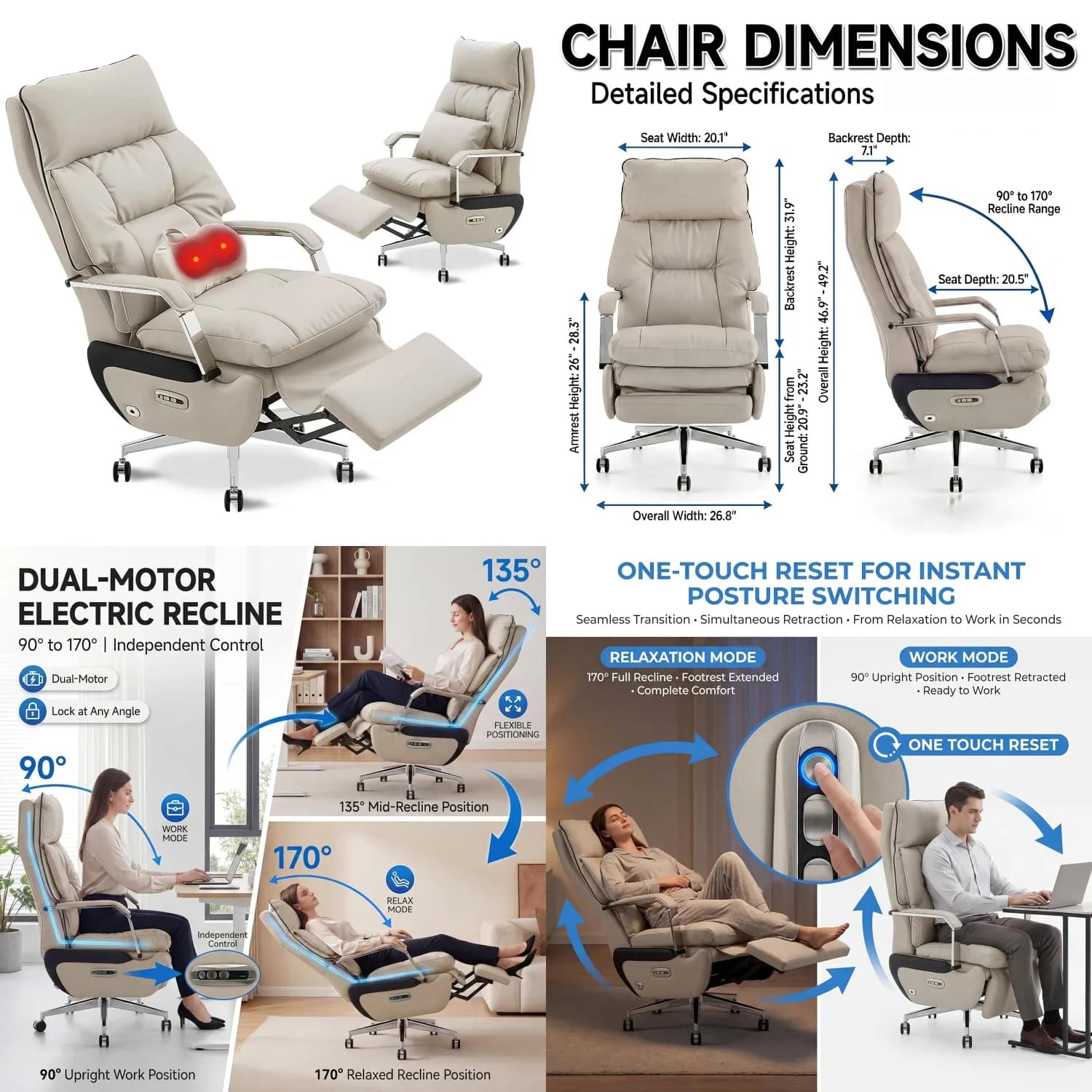 Electric Reclining Office Chair with Footrest Massage Lumbar Support PU Leather Big Tall Home Office Gaming Customized